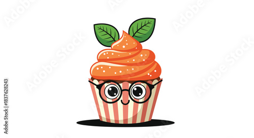 Cute cartoon cupcake character with orange frosting, glasses, and green mint leaves, winking and smiling on a white background.