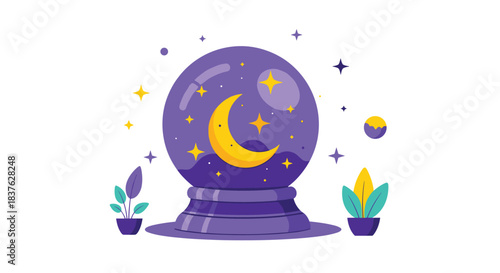 Magical purple crystal ball showing a crescent moon and stars, surrounded by plants, representing fortune telling and mysticism vector.