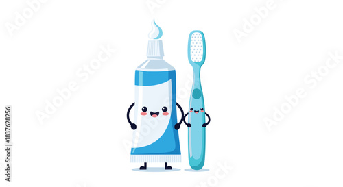 Cute cartoon toothbrush and toothpaste tube characters holding hands and smiling, promoting children's dental health and hygiene.