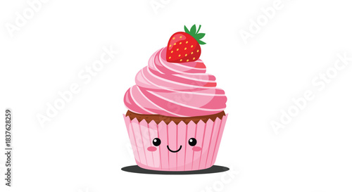 Sweet kawaii cupcake with a happy smiling face, pink frosting, and a fresh strawberry on top, isolated on a white background.