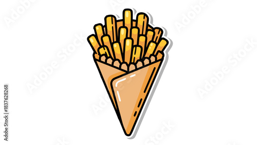 Golden French Fries in a Toasted Cone Wrapper with a White Outline and Shadow on a Black Background a Staple Food Item