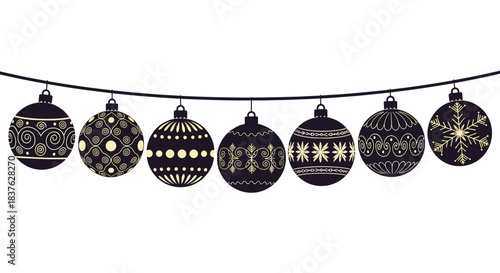 Elegant garland of black and gold hanging christmas ball ornaments with intricate, classic patterns for a luxurious holiday design.