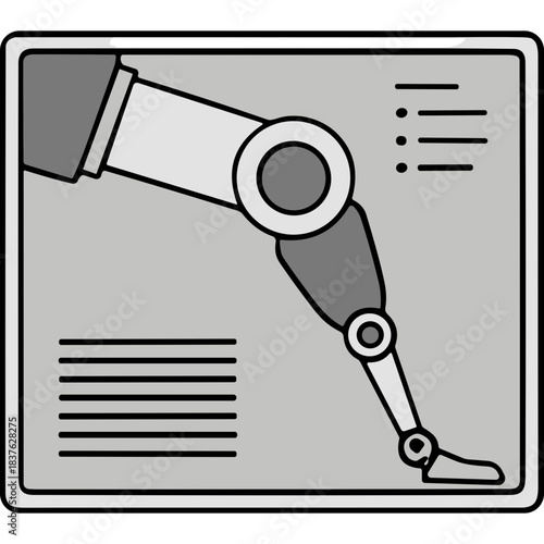 Schematic Diagram of a Robotic Leg Prosthetic in Shades of Gray with Technical Data Displays and Simple Line Art Accents on a Neutral Background