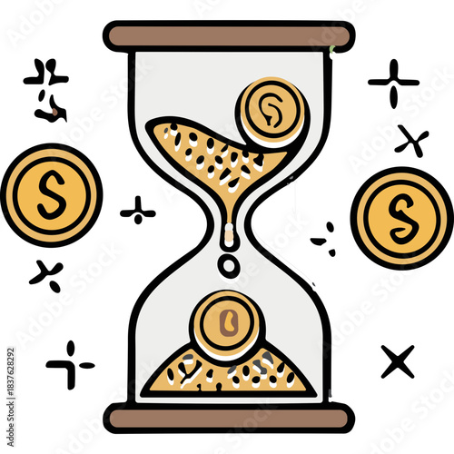 Sand timer filled with golden coins and falling coins illustration on black background symbolizing time is money concept