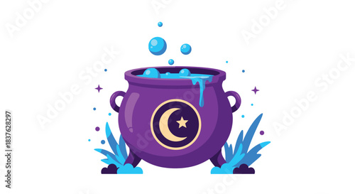 Witch's purple cauldron with a crescent moon symbol, bubbling with a magical blue potion and surrounded by sparkles and plants.