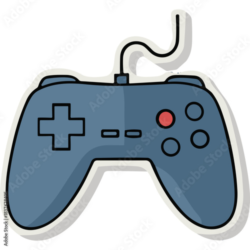 Retro video game controller with cord in blue and red colors on a white background digital illustration.