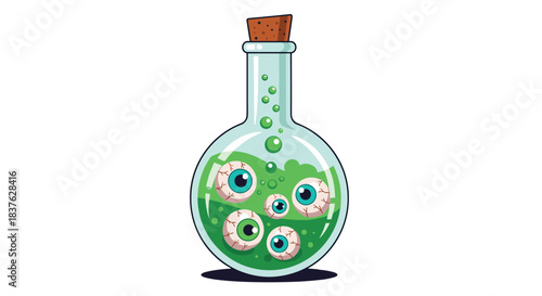 Spooky halloween potion bottle filled with bubbling green liquid and floating eyeballs, perfect for witchcraft and magic-themed designs.