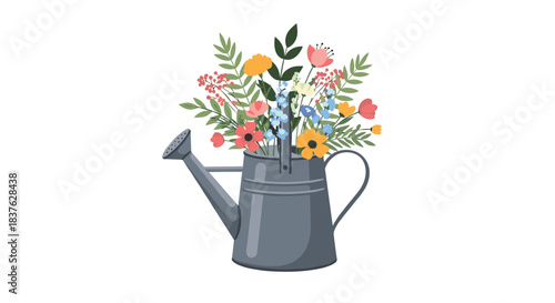 Vintage metal watering can filled with a beautiful bouquet of colorful wildflowers, creating a rustic and charming garden illustration.