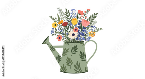 Charming green watering can with a leaf pattern, overflowing with a vibrant bouquet of mixed wildflowers for a spring garden theme.