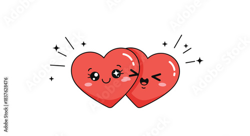 Two adorable kawaii hearts hugging each other with sparkling eyes and blushing cheeks, symbolizing love, friendship, and affection.