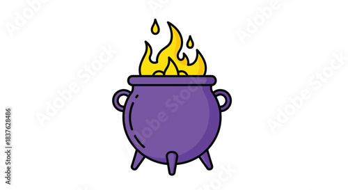 Simple cartoon illustration of a purple witch's cauldron with handles and legs, boiling with a magical potion and yellow flames.