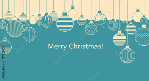 Vintage-style Merry Christmas greeting card with elegant, linear ornaments hanging against a teal background for a retro holiday feel.