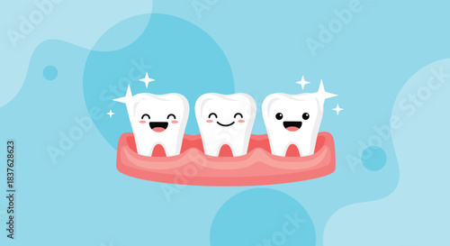 Cute illustration of three happy, sparkling cartoon teeth in pink gums against a bright blue background for pediatric dentistry promotions.