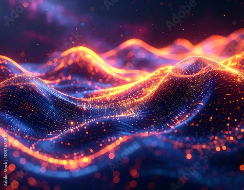 Digital waves of vibrant orange and blue particles
