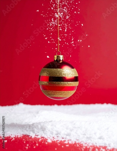 christmas red and golden single ball, floating in the air,