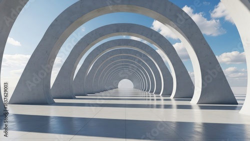Fototapeta Naklejka Na Ścianę i Meble -  Infinite modern concrete arches stretching into the distance under a bright blue sky, creating a futuristic tunnel