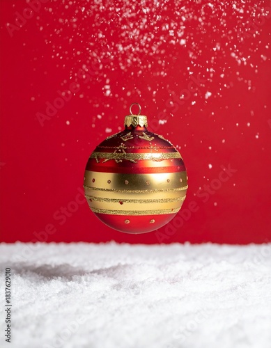 christmas red and golden single ball, floating in the air,