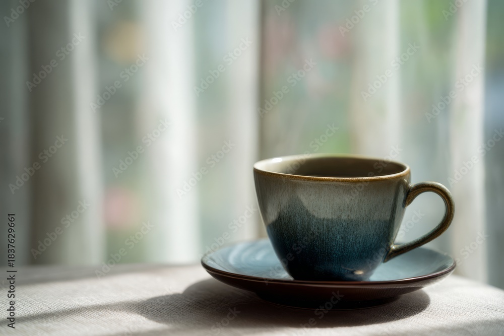 Fototapeta premium A ceramic tea cup sitting on a small saucer in the foreground with a soft-focus home interior behind it.