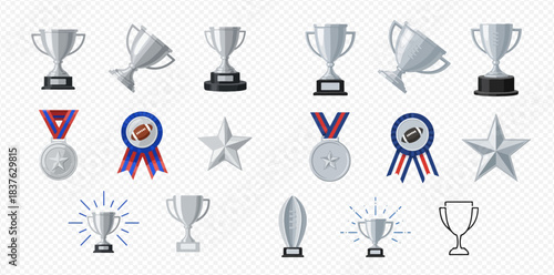 Trophy and Award Collection Silver Cups Medals Stars and Ribbons for Victory and Achievement 2dflat