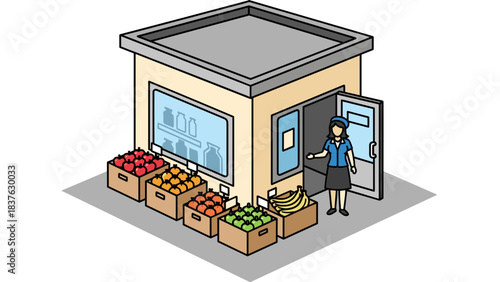 Small outdoor market stall with fresh produce, crates of fruits and vegetables, and a shopper arriving.