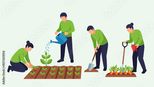 People Gardening Outdoors: Planting Seedlings, Watering, and Cultivating a Community Garden.