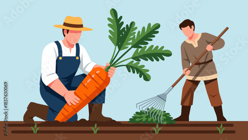 Farmers in a sunny field harvest carrots and tend vegetables with a hoe and hands-on care.