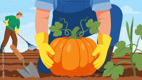 Harvesting a bright orange pumpkin in a cheerful garden during autumn.