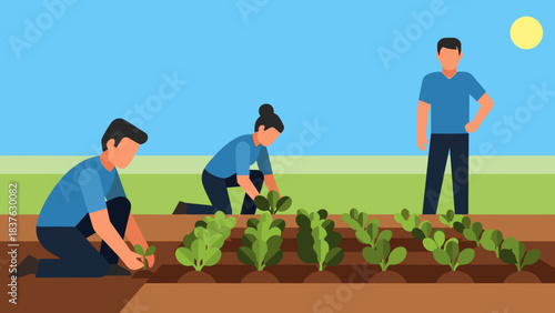 People Gardening in a Backyard Garden Bed Under Bright Sky.