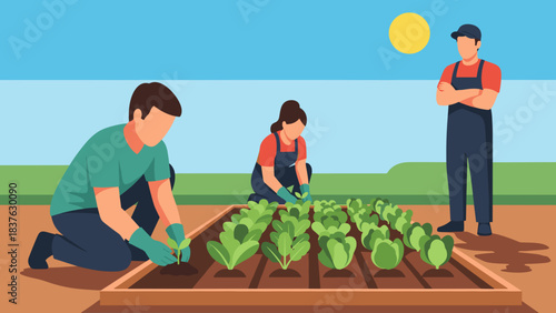Sunny outdoor gardening scene showing people tending seedlings in raised beds and cultivating a small vegetable plot.