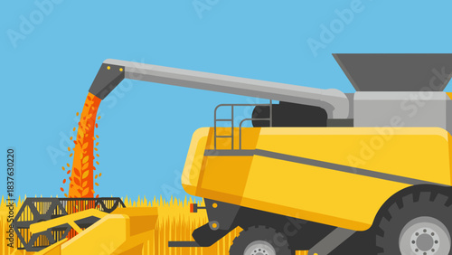 A vibrant yellow combine harvester actively collects golden grain from a ripe field under a clear blue sky.