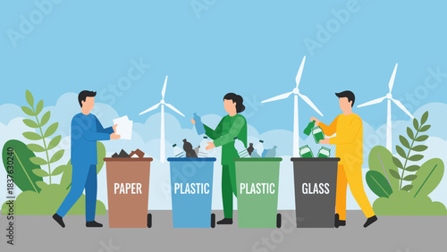 People actively sort different types of waste into labeled recycling bins against a backdrop of wind turbines.