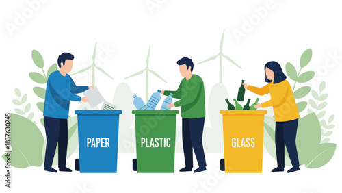 Three people actively sort paper, plastic, and glass waste into color-coded recycling bins, promoting environmental sustainability.