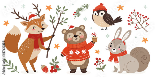 vector Christmas Charming Christmas vector pack featuring adorable winter animals like bears, foxes, and deer dressed for the holidays.