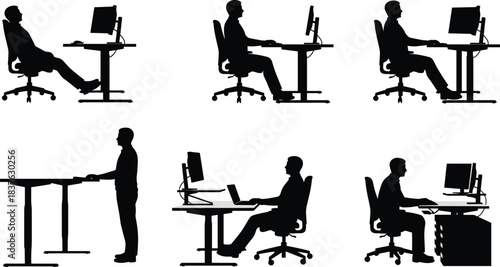 Computer desk posture, seated workers, ergonomic setup, office chairs, monitor use, silhouette style, productivity, cad drawing flat vector illustration