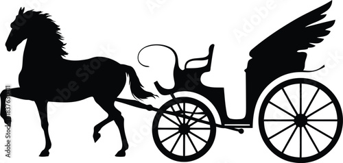 A graceful black horse silhouette pulling a detailed winged chariot on an isolated white canvas