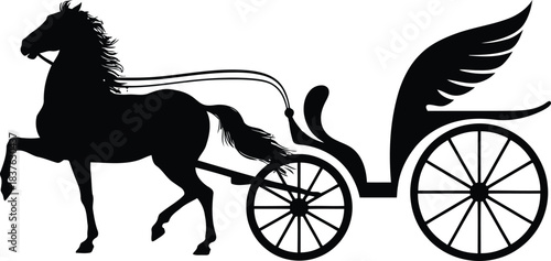 A majestic black horse silhouette pulling an elegant winged carriage on a clean white background