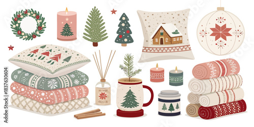 vector Christmas Charming Christmas cozy home decor vector pack with elements like candles, stockings, mugs, and festive ornaments.