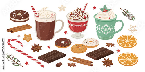 vector Christmas Festive Christmas drinks and treats vector pack with hot cocoa, cookies, candy canes, and other holiday goodies.