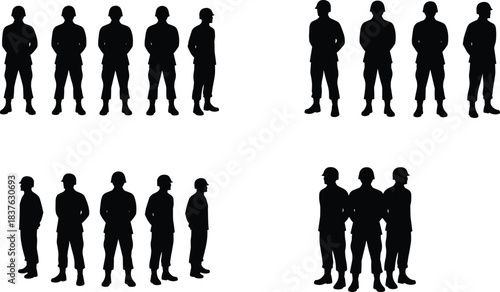 Group formation, helmeted silhouettes, tactical arrangement, spatial orientation, visual symmetry, military posture, cad drawing flat vector illustration