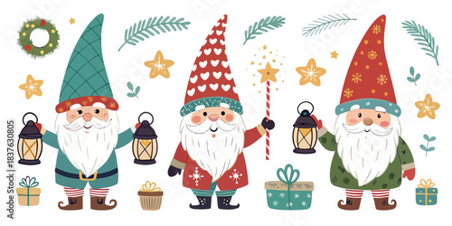 vector Christmas Adorable Christmas gnome vector pack featuring many cute gnomes with festive hats and beards for holiday designs.