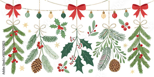 vector Christmas Versatile Christmas garland and swag builder pack with pine, berries, and ornaments for custom holiday decor creation.