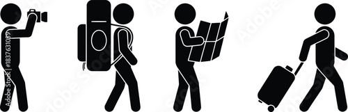 A visual representation of four common traveler actions including capturing moments and carrying essential gear