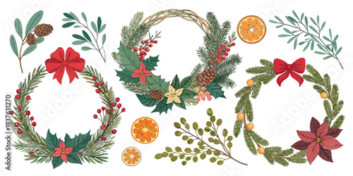 vector Christmas DIY Christmas Wreath Builder Vector Kit: Create Custom Festive Holiday Garlands and Arrangements