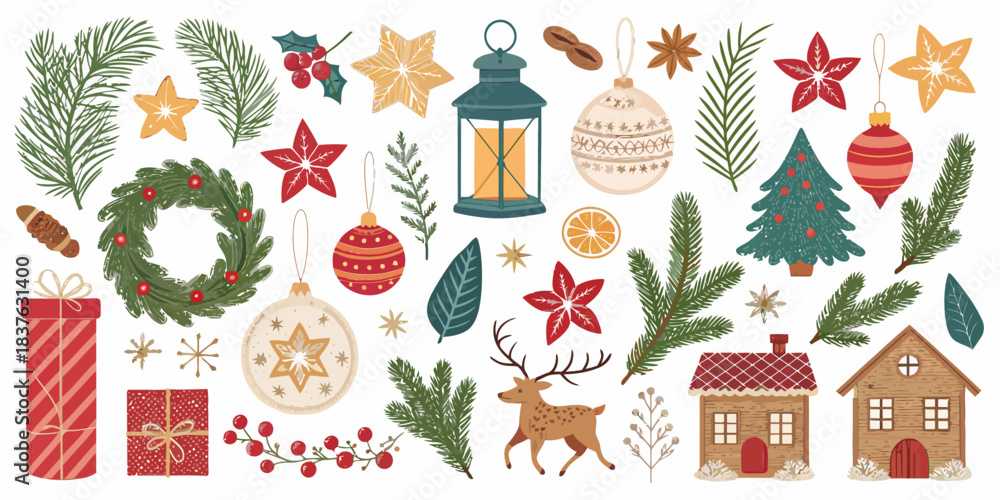 Obraz premium vector Christmas Ultimate Christmas Vector Set: Festive Elements, Ornaments, and Scenes for Complete Holiday Design Projects