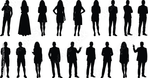 Silhouettes of men and women standing, posing, casual and formal outfits, diverse human figure poses collection, people 