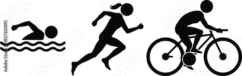 Black silhouette icons show a person swimming, another figure running, and someone cycling on a bicycle