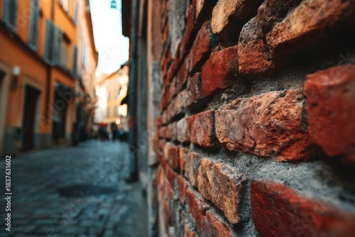 A detailed close-up of brick texture with a softly blurred urban background.