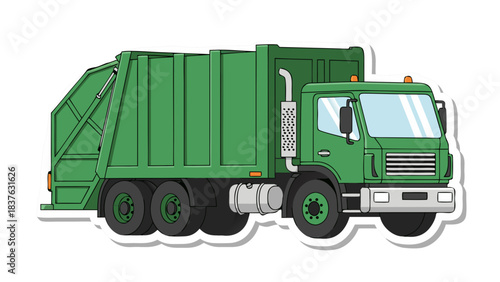 Green Garbage Truck Vehicle With Compactor Side View Clean And Detailed Illustration Isolated On Black Background For Sanitation And Waste Management Services