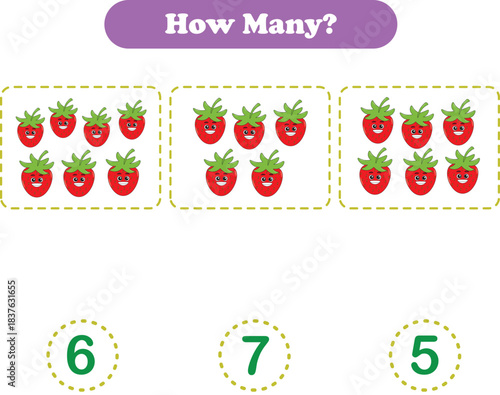 Counting game of fruits for preschool kids. Counting fruits. Printable. Vector Illustration
