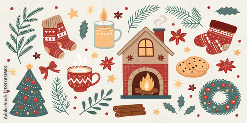 vector Christmas Cozy Christmas Home Vector Pack: Warm Interiors, Fireside Scenes, and Festive Decor Elements